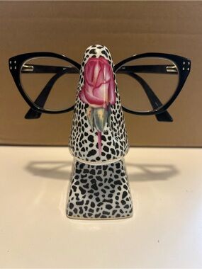 Sorelle Porcelain Eyeglass Holder w/Pink Rose & Black Spot Pattern & Gold Trim